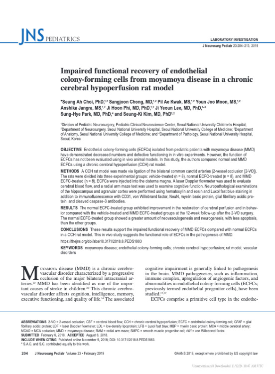 Impaired functional recovery of endothelial colony-forming cells from moyamoya disease in a chronic cerebral hypoperfusion rat model