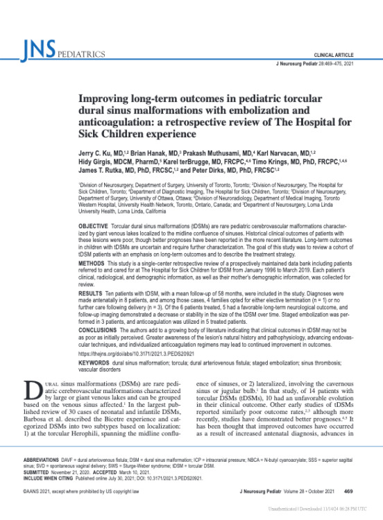 Improving long-term outcomes in pediatric torcular dural sinus malformations with embolization and anticoagulation: a retrospective review of The Hospital for Sick Children experience