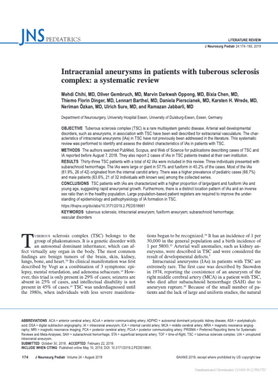 Intracranial aneurysms in patients with tuberous sclerosis complex: a systematic review