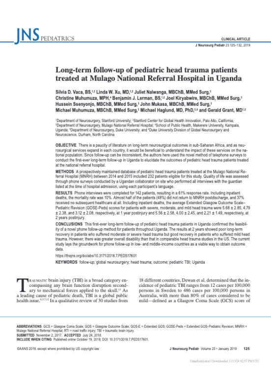 Long-term follow-up of pediatric head trauma patients treated at Mulago National Referral Hospital in Uganda