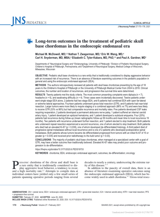 Long-term outcomes in the treatment of pediatric skull base chordomas in the endoscopic endonasal era