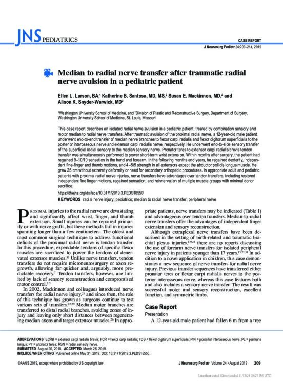 Median to radial nerve transfer after traumatic radial nerve avulsion in a pediatric patient