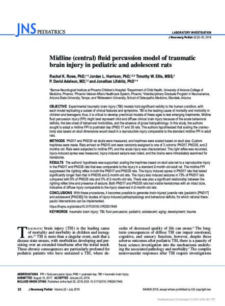 Midline (central) fluid percussion model of traumatic brain injury in pediatric and adolescent rats