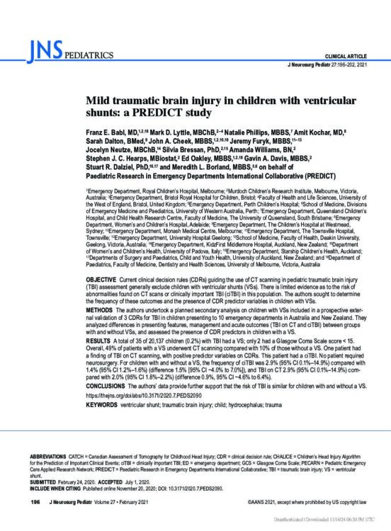 Mild traumatic brain injury in children with ventricular shunts: a PREDICT study