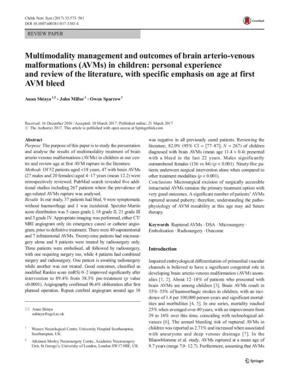 Multimodality management and outcomes of brain arterio-venous malformations (AVMs) in children: personal experience and review of the literature, with specific emphasis on age at first AVM bleed