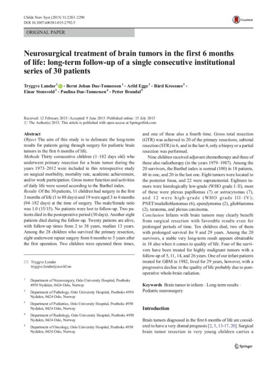 Neurosurgical treatment of brain tumors in the first 6 months of life: long-term follow-up of a single consecutive institutional series of 30 patients