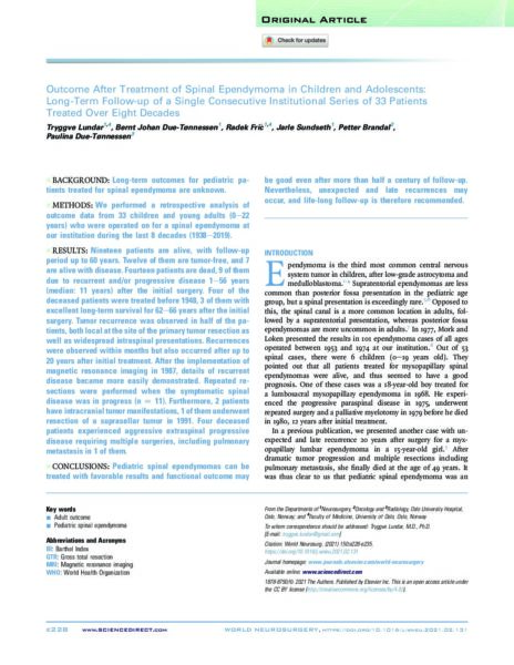 Outcome After Treatment of Spinal Ependymoma in Children and Adolescents: Long-Term Follow-up of a Single Consecutive Institutional Series of 33 Patients Treated Over Eight Decades