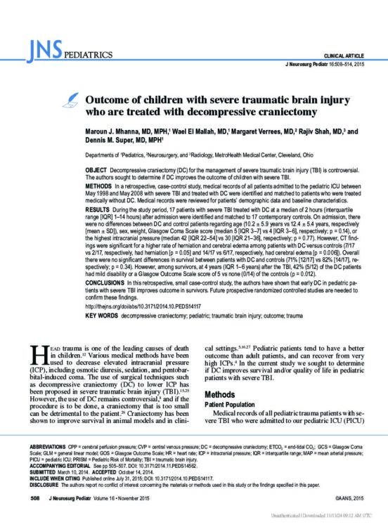 Outcome of children with severe traumatic brain injury who are treated with decompressive craniectomy
