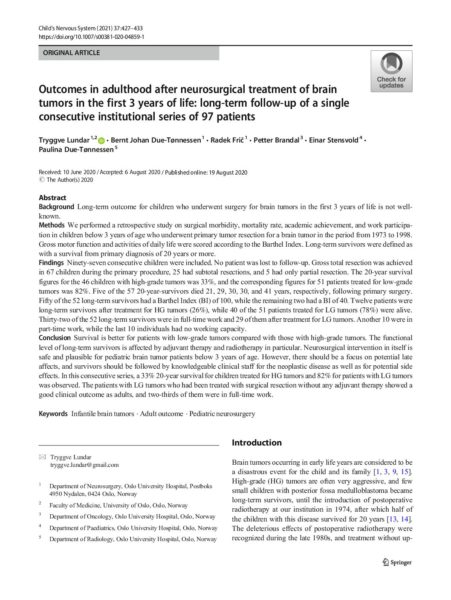 Outcomes in adulthood after neurosurgical treatment of brain tumors in the first 3 years of life: long-term follow-up of a single consecutive institutional series of 97 patients