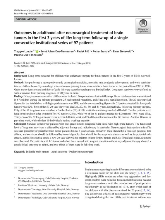Outcomes in adulthood after neurosurgical treatment of brain tumors in the first 3 years of life: long-term follow-up of a single consecutive institutional series of 97 patients