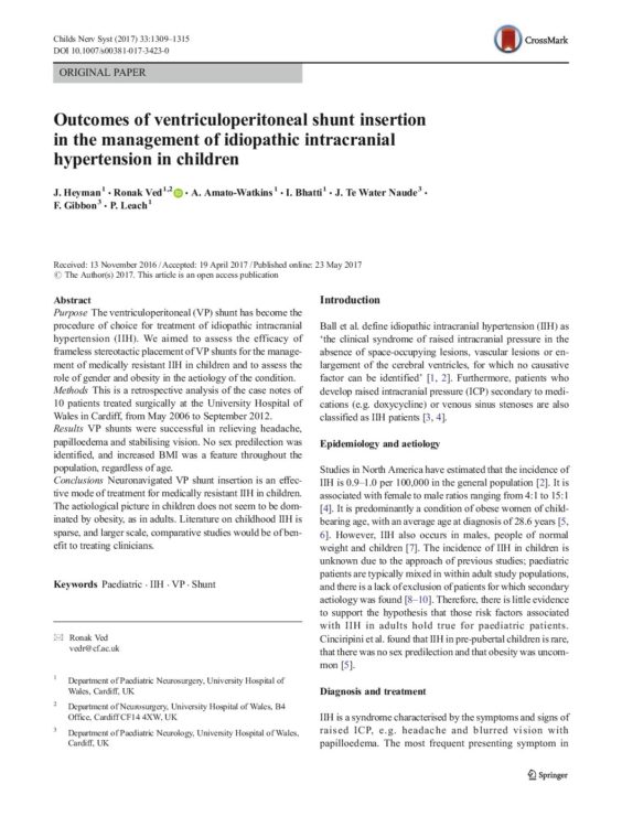 Outcomes of ventriculoperitoneal shunt insertion in the management of idiopathic intracranial hypertension in children