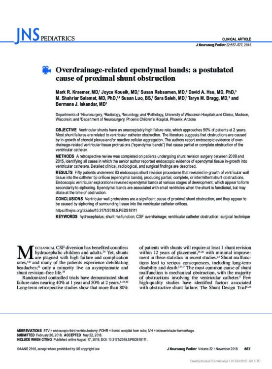 Overdrainage-related ependymal bands: a postulated cause of proximal shunt obstruction