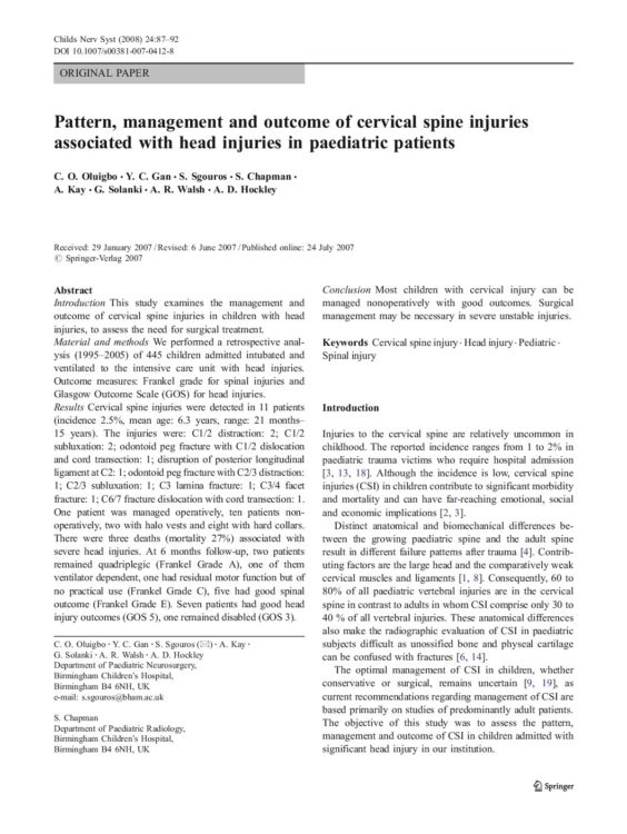 Pattern, management and outcome of cervical spine injuries associated with head injuries in paediatric patients