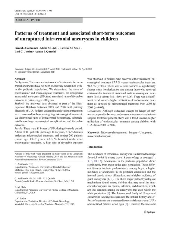 Patterns of treatment and associated short-term outcomes of unruptured intracranial aneurysms in children