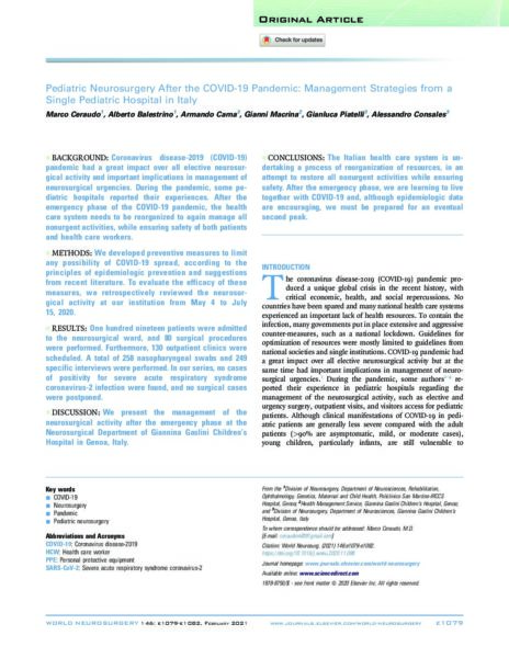 Pediatric Neurosurgery After the COVID-19 Pandemic: Management Strategies from a Single Pediatric Hospital in Italy