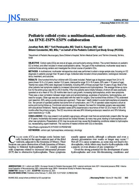 Pediatric colloid cysts: a multinational, multicenter study. An IFNE-ISPN-ESPN collaboration