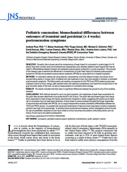 Pediatric concussion: biomechanical differences between outcomes of transient and persistent (> 4 weeks) postconcussion symptoms