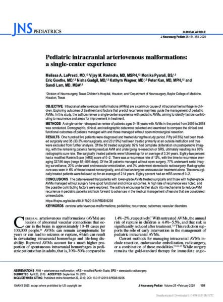 Pediatric intracranial arteriovenous malformations: a single-center experience