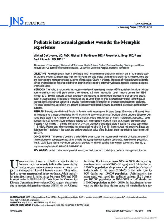 Pediatric intracranial gunshot wounds: the Memphis experience