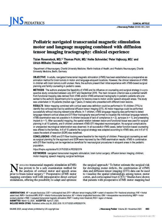 Pediatric navigated transcranial magnetic stimulation motor and language mapping combined with diffusion tensor imaging tractography: clinical experience