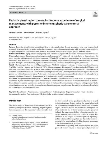 Pediatric pineal region tumors: institutional experience of surgical managements with posterior interhemispheric transtentorial approach