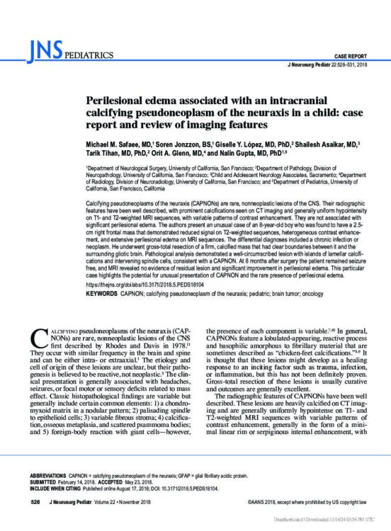 Perilesional Edema Associated With an Intracranial Calcifying Pseudoneoplasm of the Neuraxis in a Child: Case Report and Review of Imaging Features