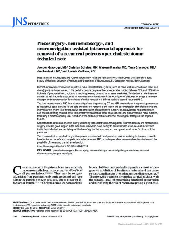 Piezosurgery-, neuroendoscopy-, and neuronavigation-assisted intracranial approach for removal of a recurrent petrous apex cholesteatoma: technical note