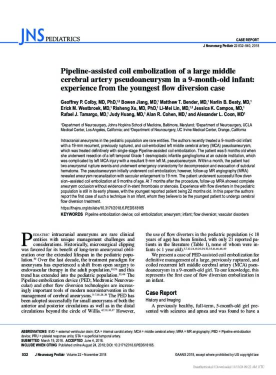 Pipeline-assisted coil embolization of a large middle cerebral artery pseudoaneurysm in a 9-month-old infant: experience from the youngest flow diversion case