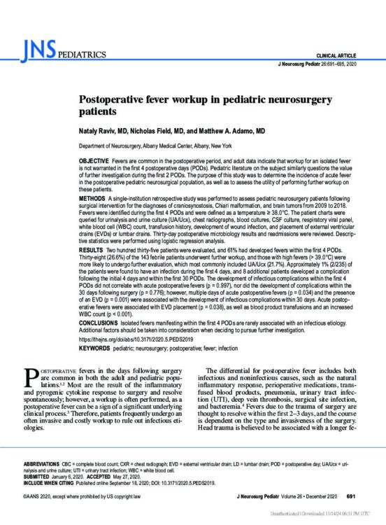 Postoperative fever workup in pediatric neurosurgery patients