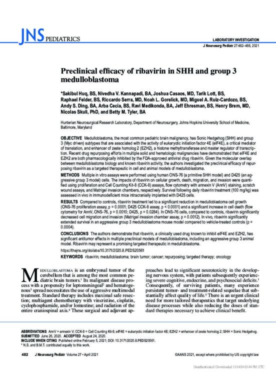 Preclinical efficacy of ribavirin in SHH and group 3 medulloblastoma