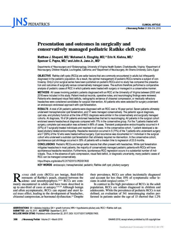 Presentation and outcomes in surgically and conservatively managed pediatric Rathke cleft cysts