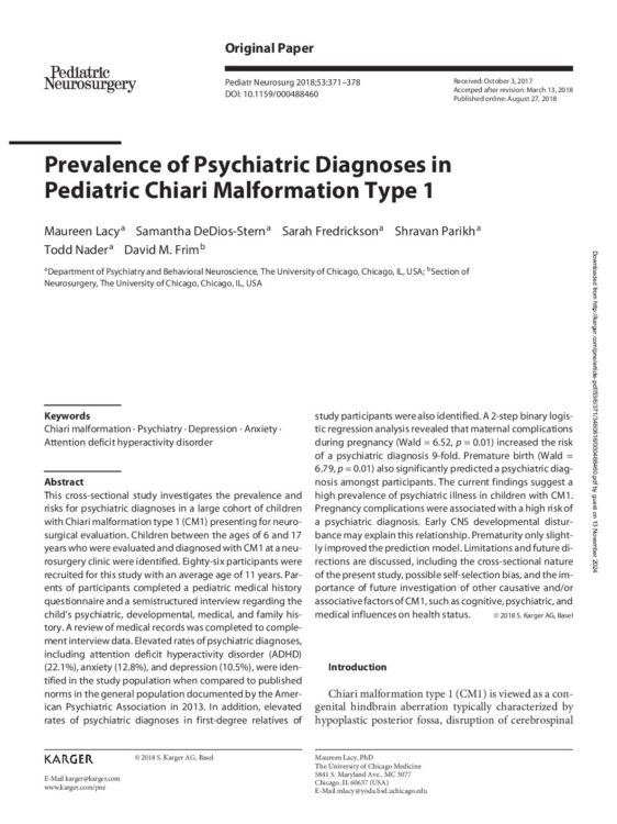 Prevalence of Psychiatric Diagnoses in Pediatric Chiari Malformation Type