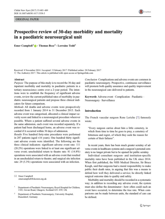 Prospective review of 30-day morbidity and mortality in a paediatric neurosurgical unit