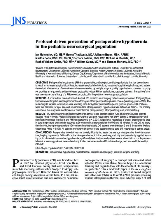 Protocol-driven prevention of perioperative hypothermia in the pediatric neurosurgical population
