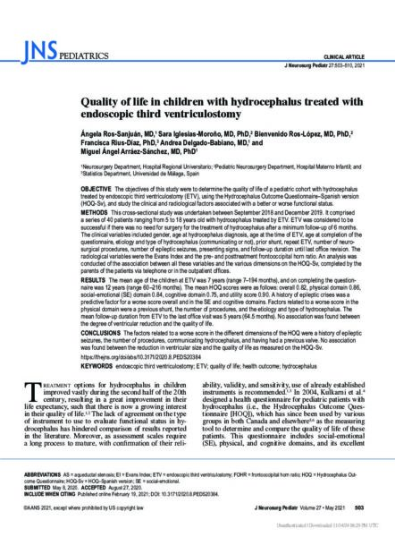 Quality of life in children with hydrocephalus treated with endoscopic third ventriculostomy