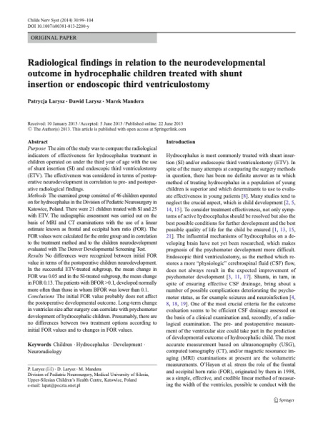 Radiological findings in relation to the neurodevelopmental outcome in hydrocephalic children treated with shunt insertion or endoscopic third ventriculostomy