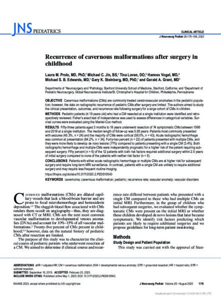 Recurrence of cavernous malformations after surgery in childhood