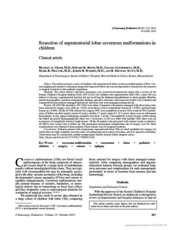 Resection of supratentorial lobar cavernous malformations in children