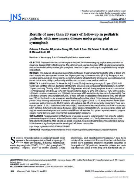 Results of more than 20 years of follow-up in pediatric patients with moyamoya disease undergoing pial synangiosis