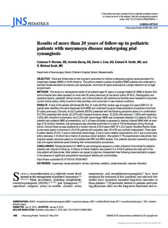 Results of more than 20 years of follow-up in pediatric patients with moyamoya disease undergoing pial synangiosis