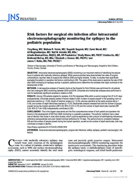 Risk factors for surgical site infection after intracranial electroencephalography monitoring for epilepsy in the pediatric population