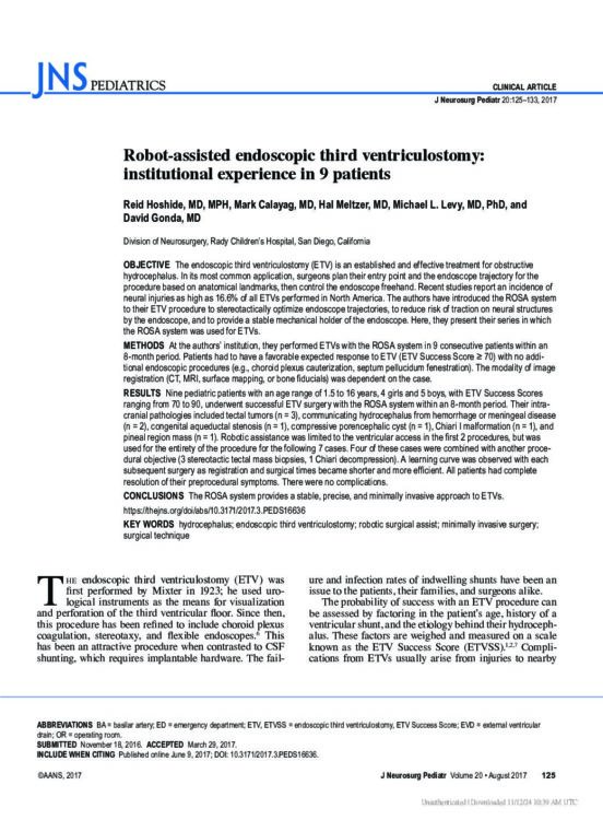 Robot-assisted endoscopic third ventriculostomy: institutional experience in 9 patients