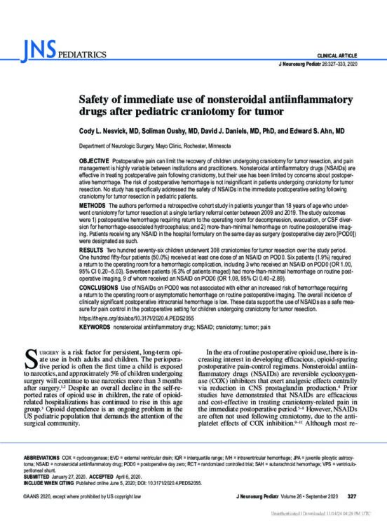 Safety of immediate use of nonsteroidal antiinflammatory drugs after pediatric craniotomy for tumor
