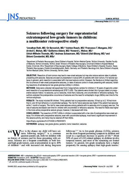 Seizures following surgery for supratentorial extratemporal low-grade tumors in children: a multicenter retrospective study