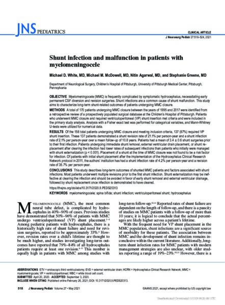 Shunt infection and malfunction in patients with myelomeningocele