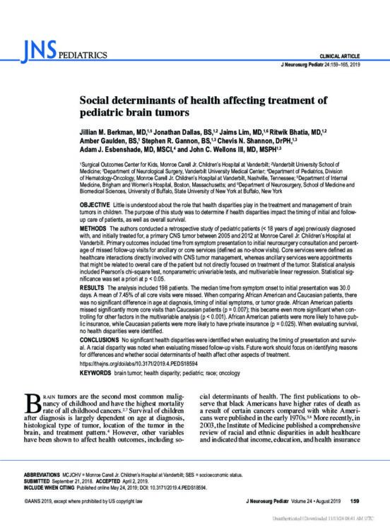 Social determinants of health affecting treatment of pediatric brain tumors