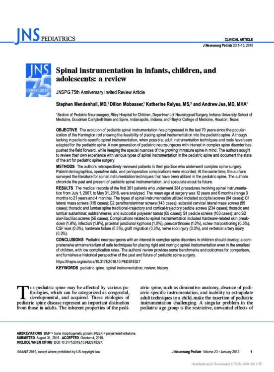 Spinal instrumentation in infants, children, and adolescents: a review