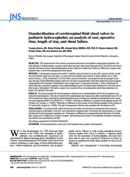 Standardization of cerebrospinal fluid shunt valves in pediatric hydrocephalus: an analysis of cost, operative time, length of stay, and shunt failure