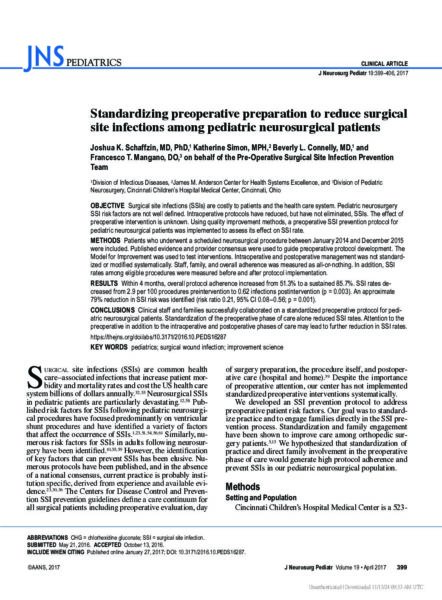 Standardizing preoperative preparation to reduce surgical site infections among pediatric neurosurgical patients