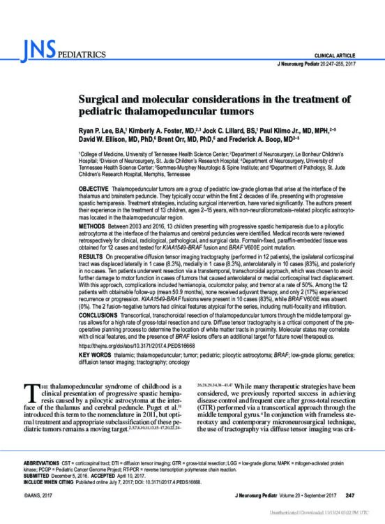 Surgical and molecular considerations in the treatment of pediatric thalamopeduncular tumors